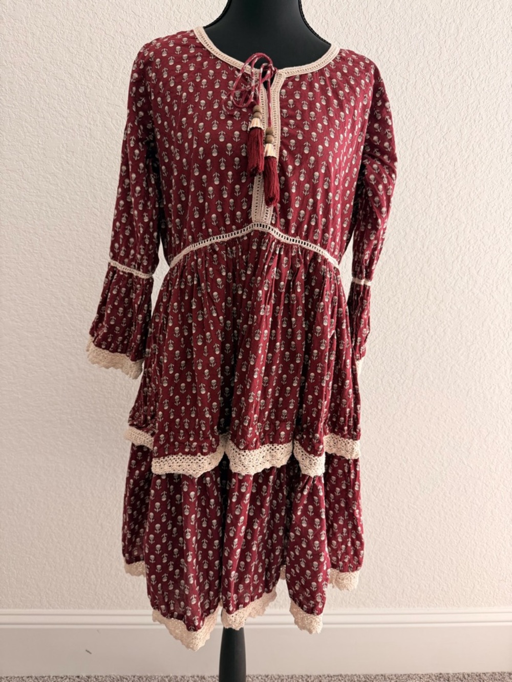 Vintage Prairie Floral Dress | Maroon Tiered Skirt Crochet Trim Cottagecore Maxi